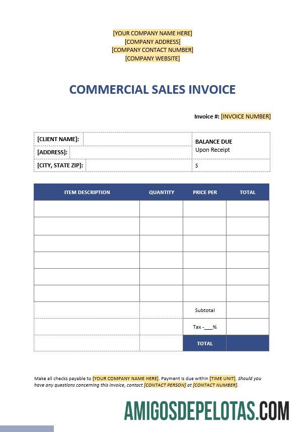 para download Modelo de fatura de vendas comerciais